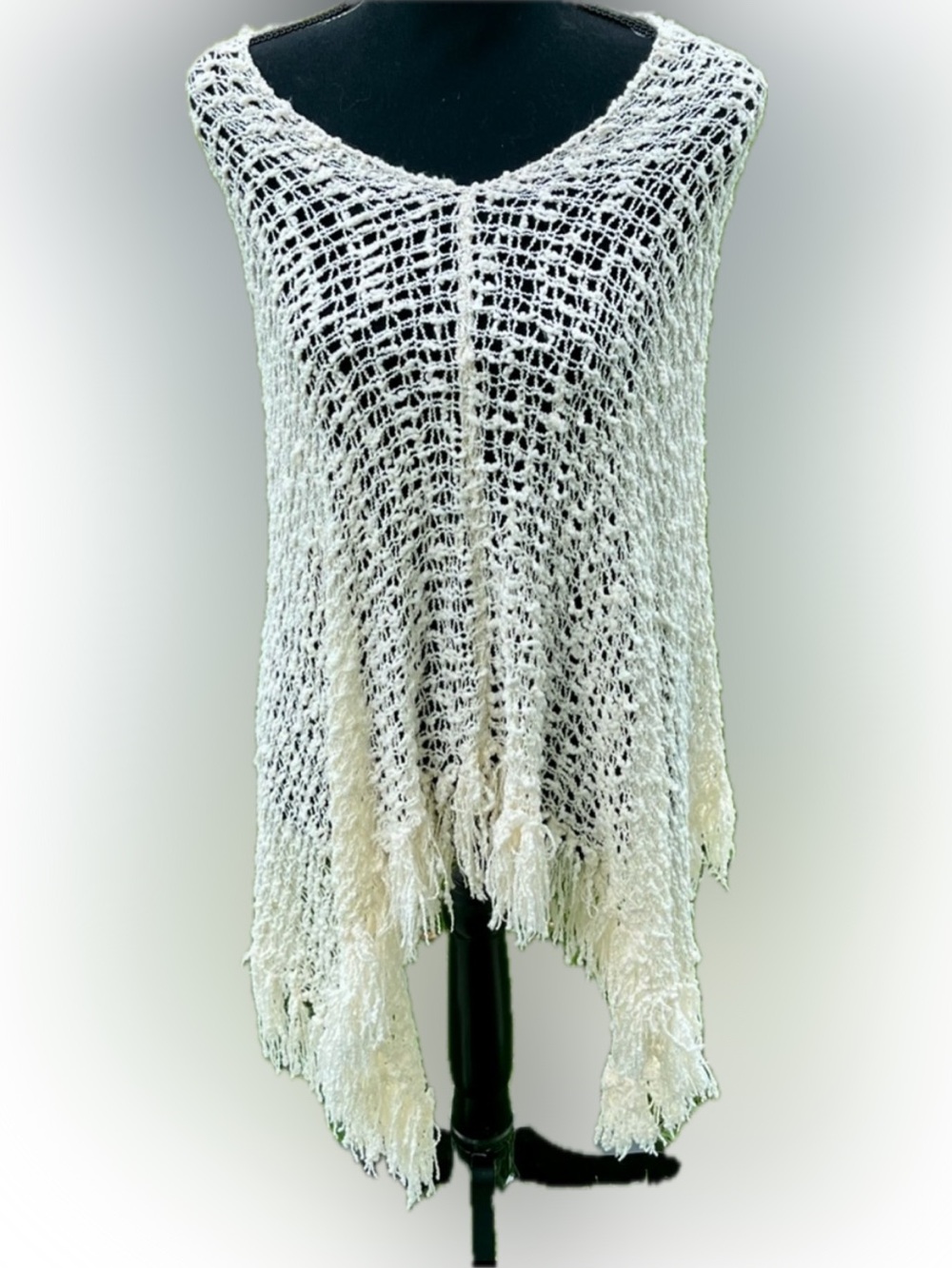 Lost River Cream Crochet Fringe Poncho Pullover | Boho Handmade Indonesia One SZ